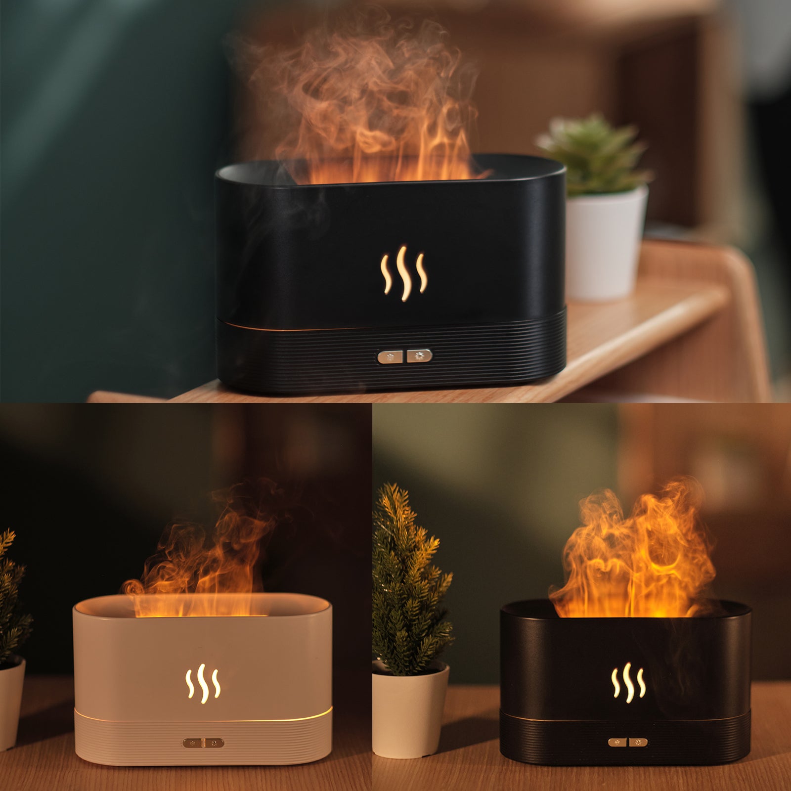 Black and beige fire pits with flames on a wooden surface, surrounded by potted plants.