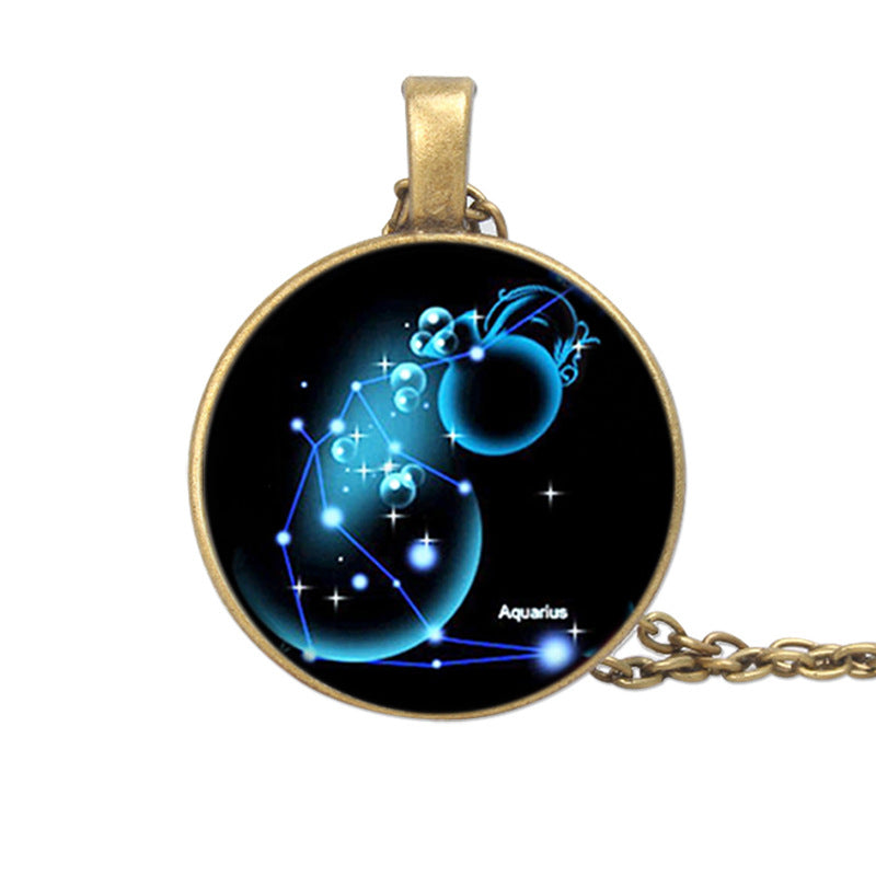 Aquarius zodiac sign pendant with blue constellation design on a black background