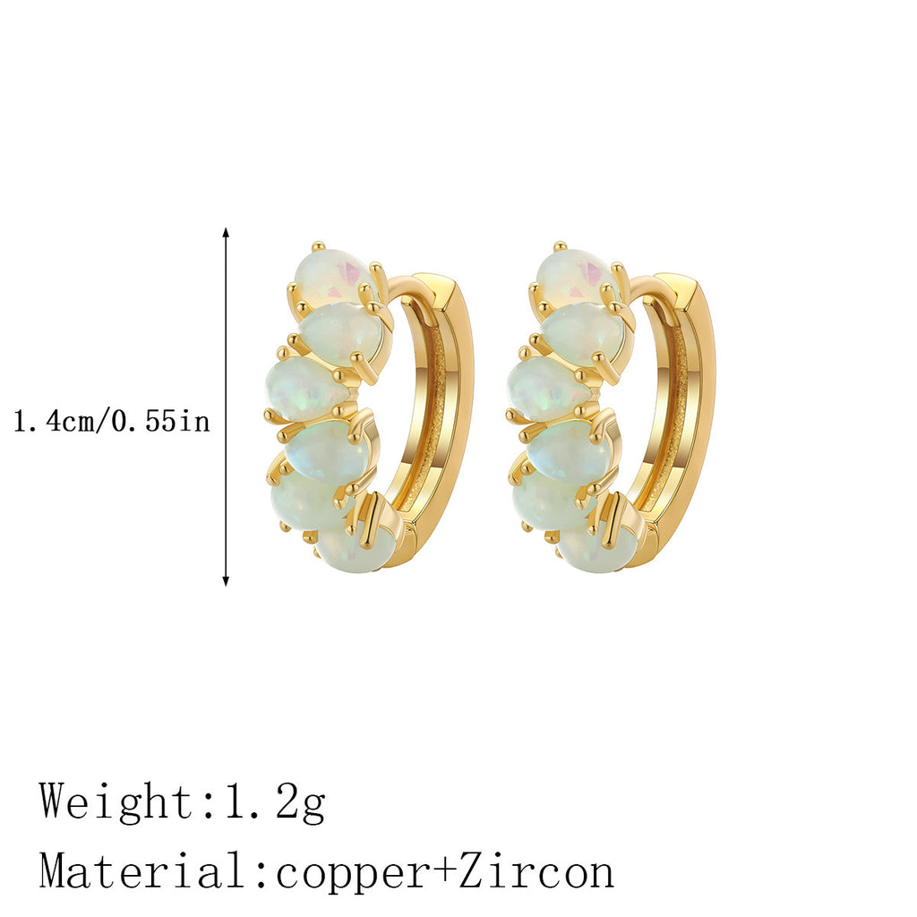 Gold hoop earrings with opal stones and measurements on a white background