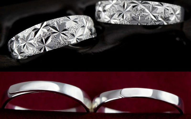 Two silver rings with textured designs on a dark background, one ring on a red background.