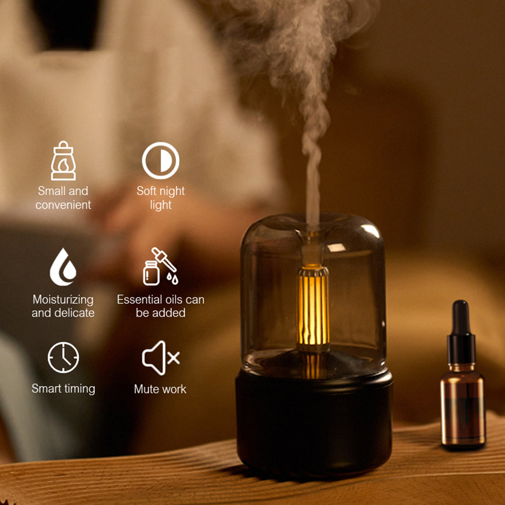 Small and convenient essential oil diffuser with features listed on a blurred background