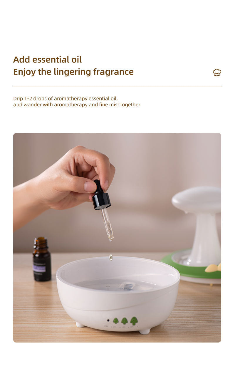 Hand adding essential oil to a diffuser with text on a white background