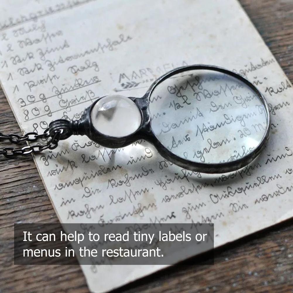 Magnifying glass on a piece of paper with handwritten text, used for reading tiny labels or menus.