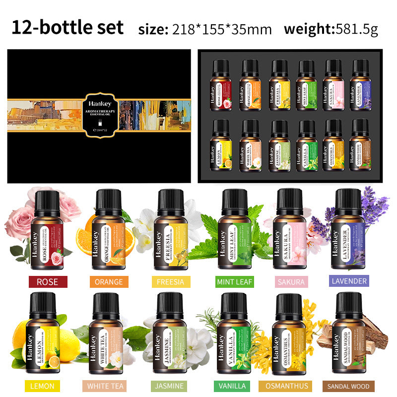 Set of 12 Hankey essential oil bottles with labels and floral illustrations, displayed against a black background.
