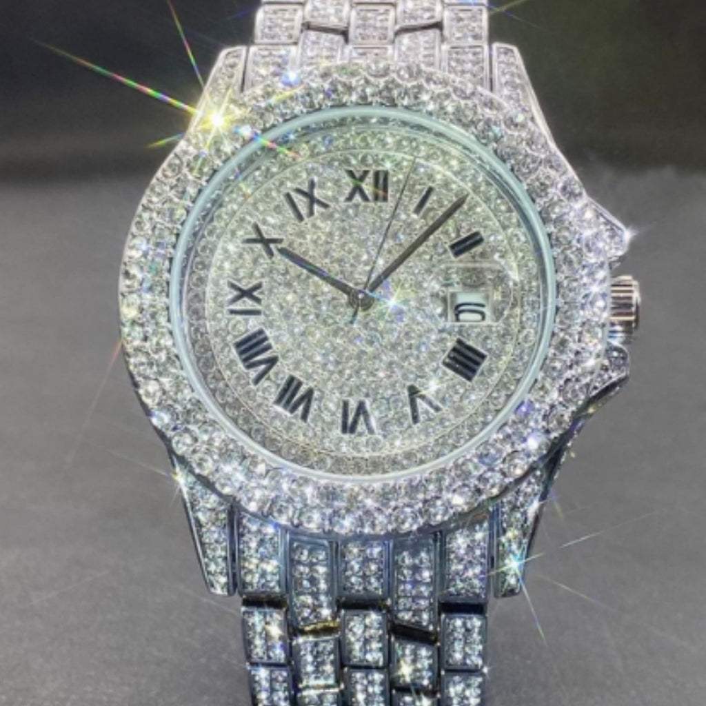 Luxury diamond-encrusted watch on a dark background