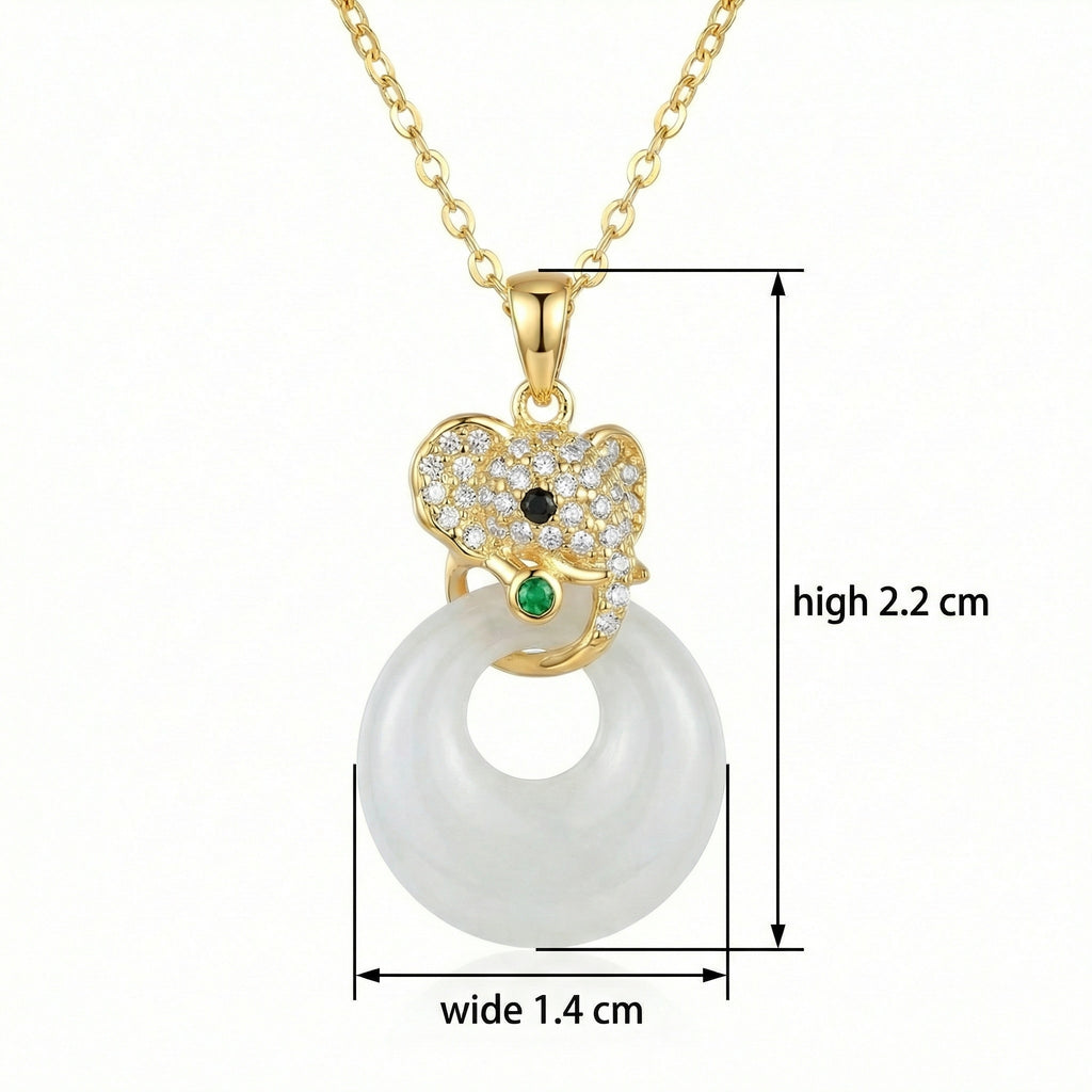 Gold pendant necklace with measurements on a white background