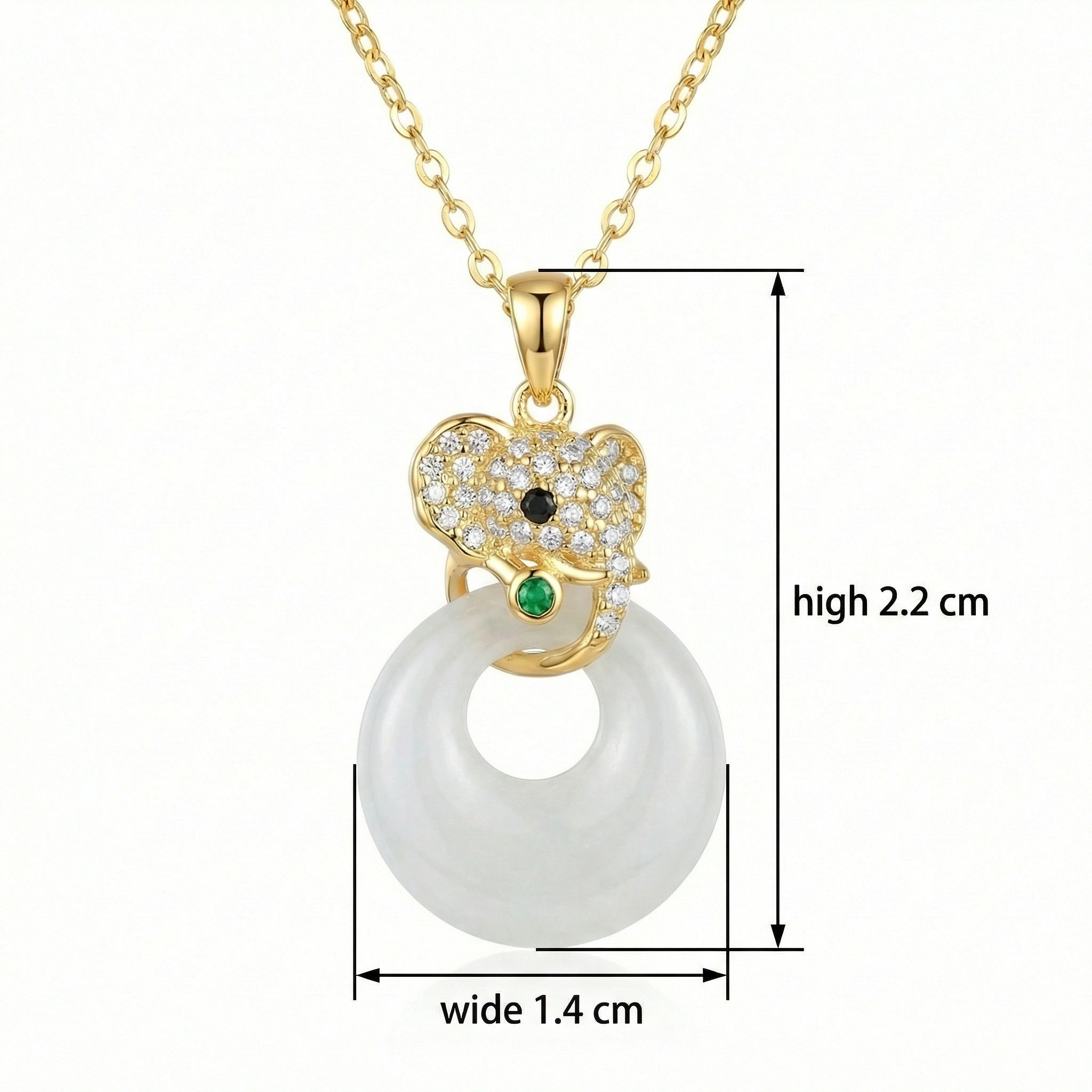 Gold pendant necklace with measurements on a white background