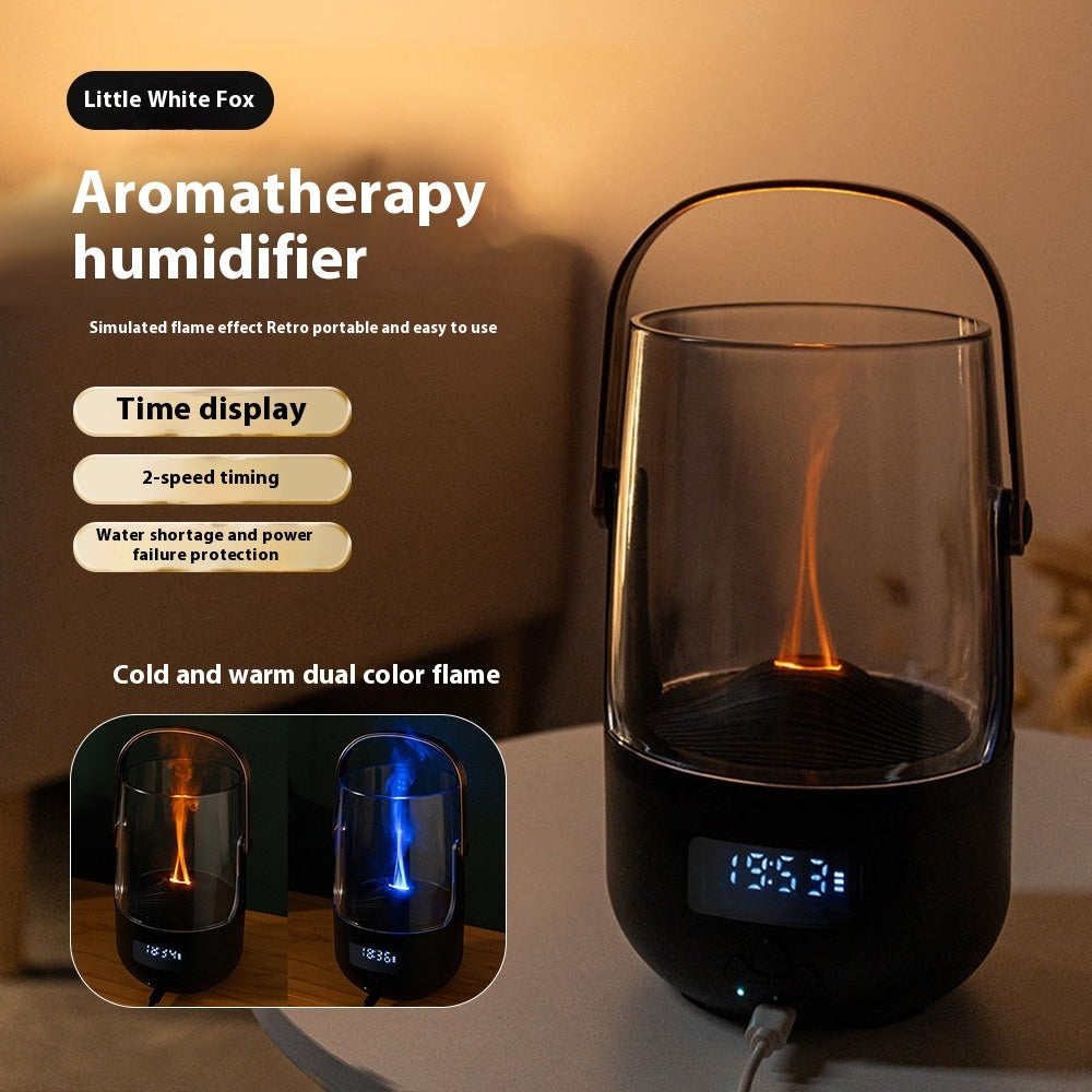Aromatherapy humidifier with flame effect on a warm background