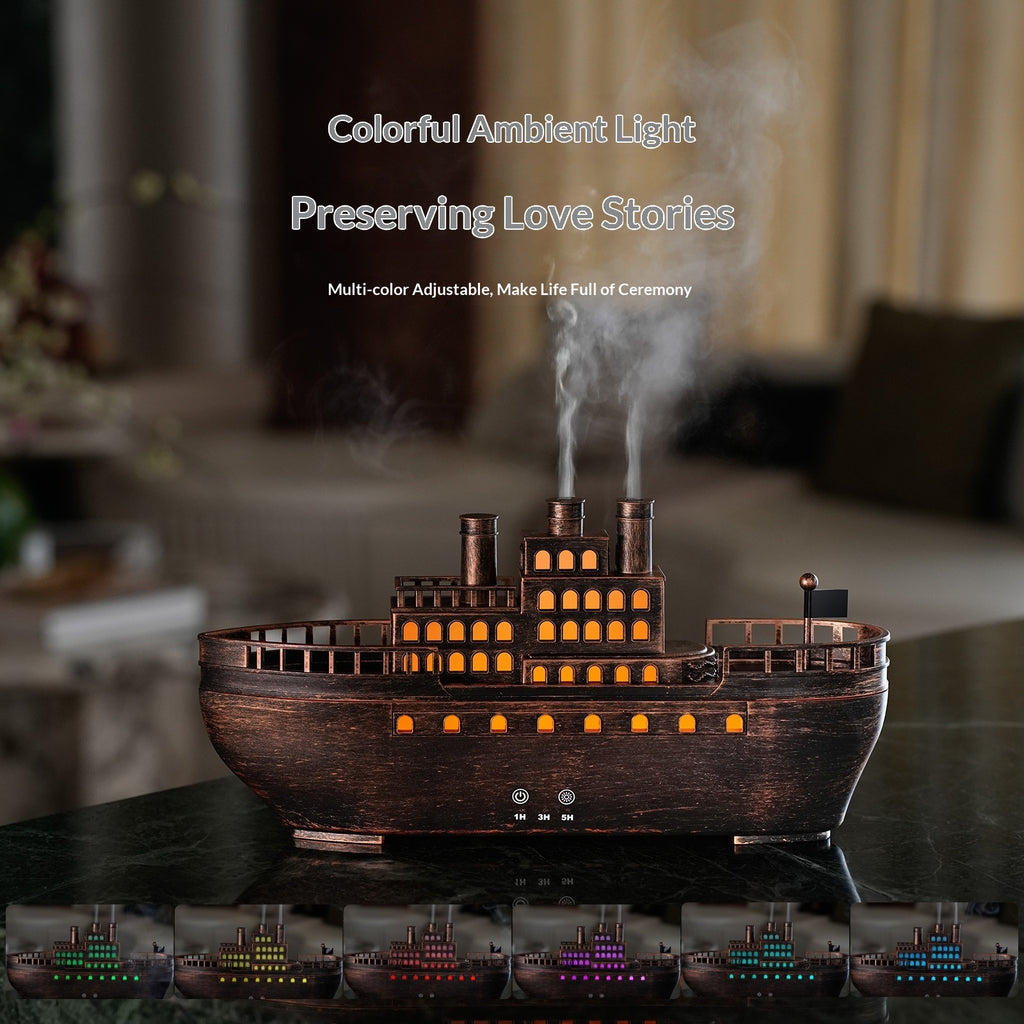 Wooden ship-shaped lamp emitting steam with colorful ambient light in a blurred indoor setting.