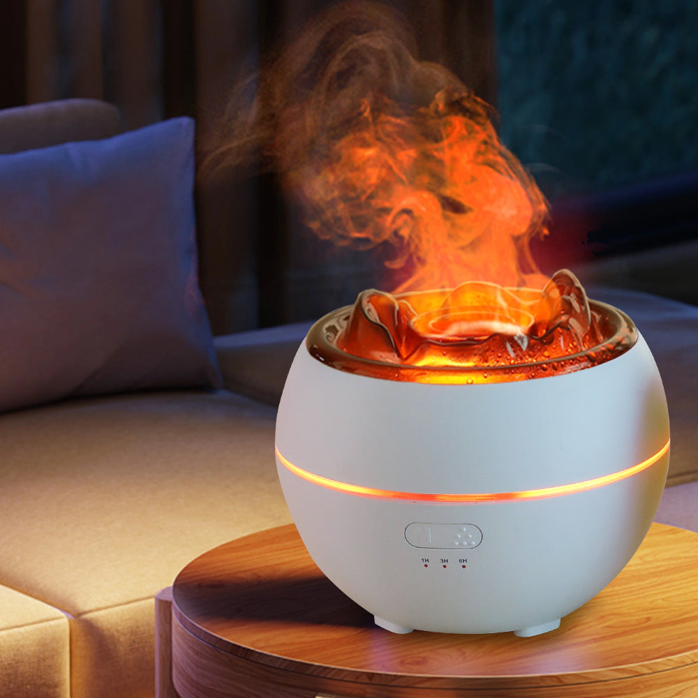 White diffuser with orange flames on a wooden table