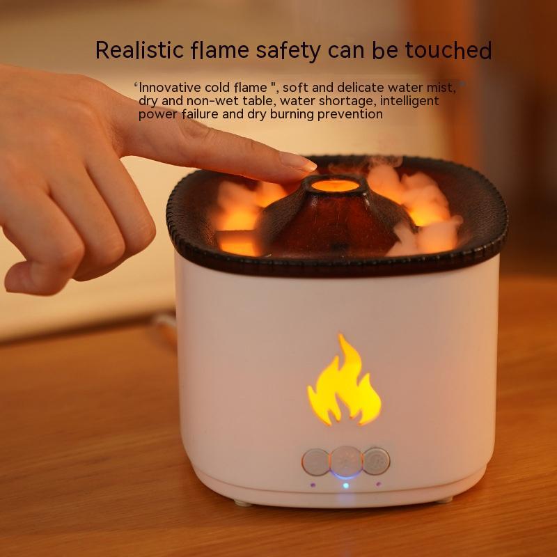 Hand interacting with a flame-shaped device on a wooden surface, with text about flame safety.