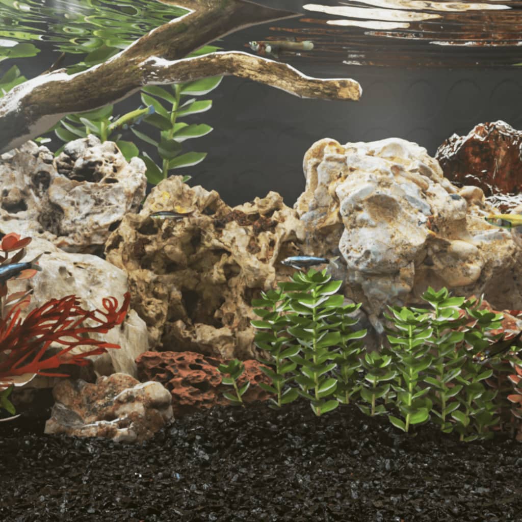 Aquarium setup with rocks, plants, and a branch.