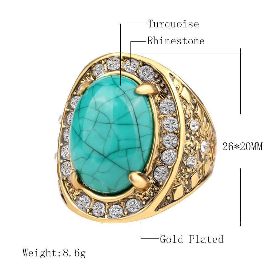 Gold-plated ring with turquoise stone and rhinestones, showing weight and dimensions.