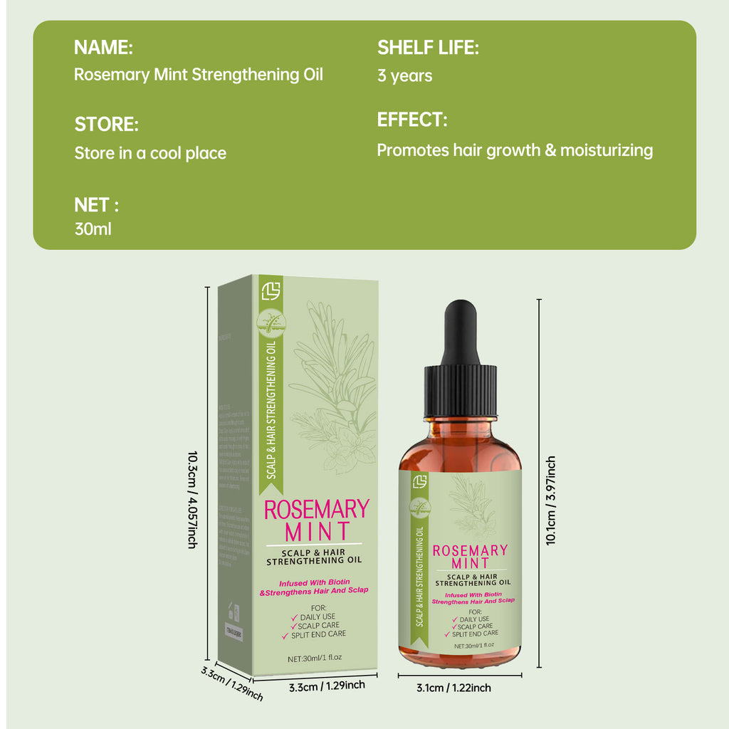 Rosemary Mint Strengthening Oil packaging with dimensions and storage instructions on a green background
