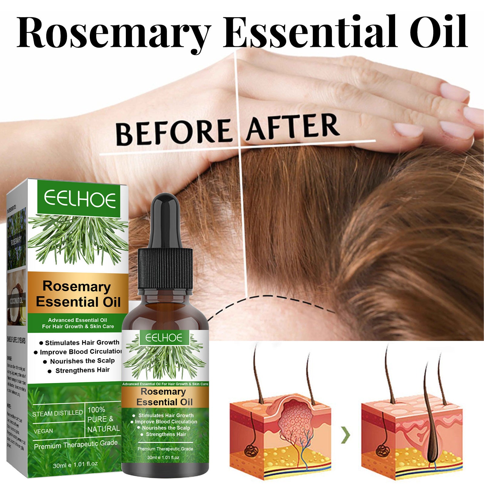 Rosemary essential oil product with 'before' and 'after' hair growth illustration, EELHOE brand visible.