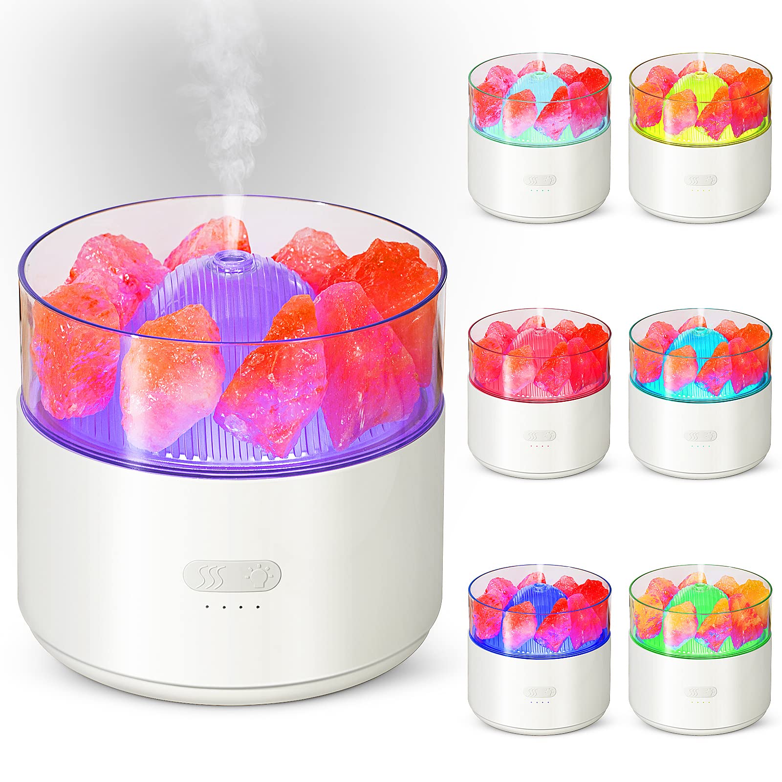 White humidifier with colorful LED lights and small containers filled with colorful beads.