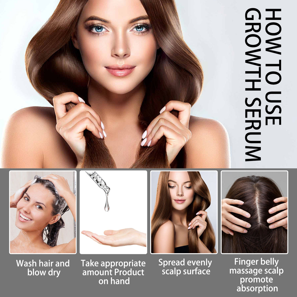 Woman with long hair and instructions on how to use a hair serum.