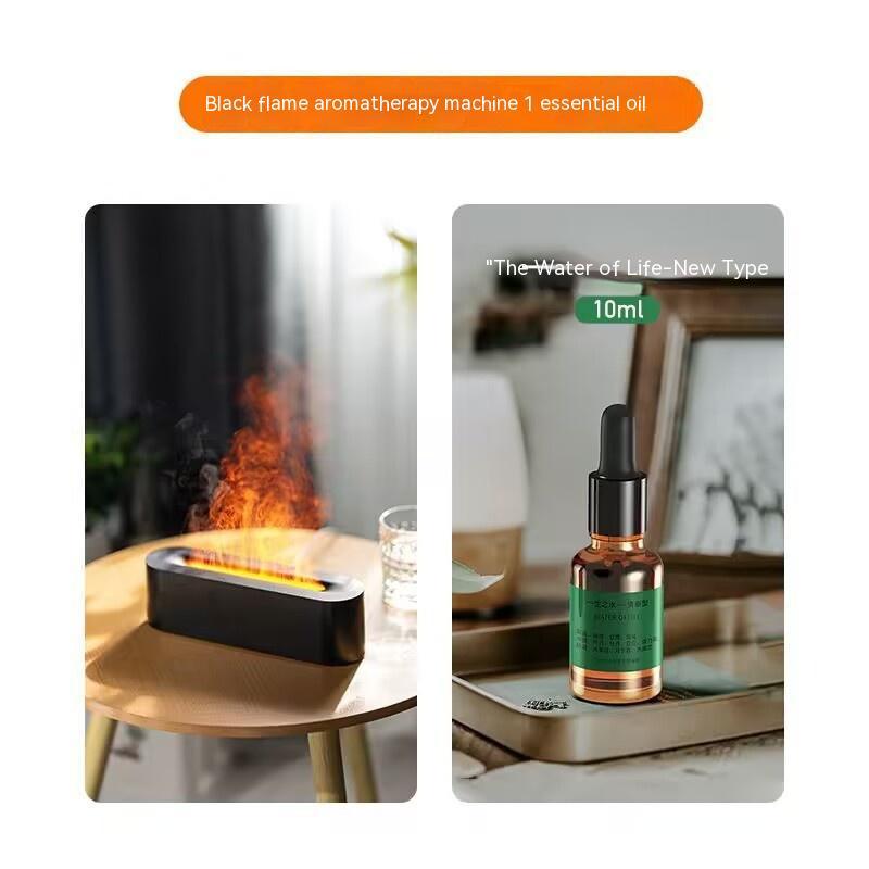 Black flame aromatherapy machine and essential oil bottle on a white background
