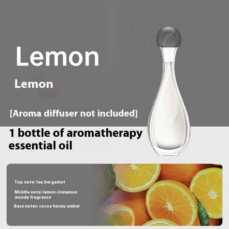 Clear aromatherapy essential oil bottle with lemon-themed design and text about the product.