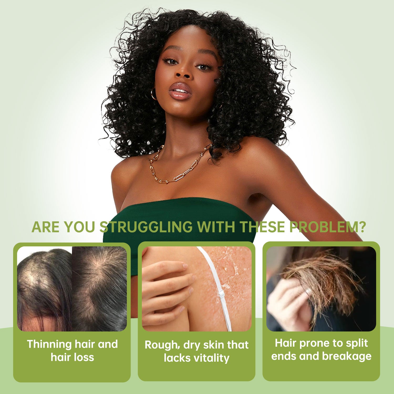Woman with healthy hair and skin on a green background with text about hair and skin issues.