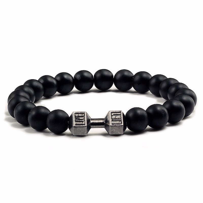 Black beaded bracelet with a silver dumbbell charm on a white background