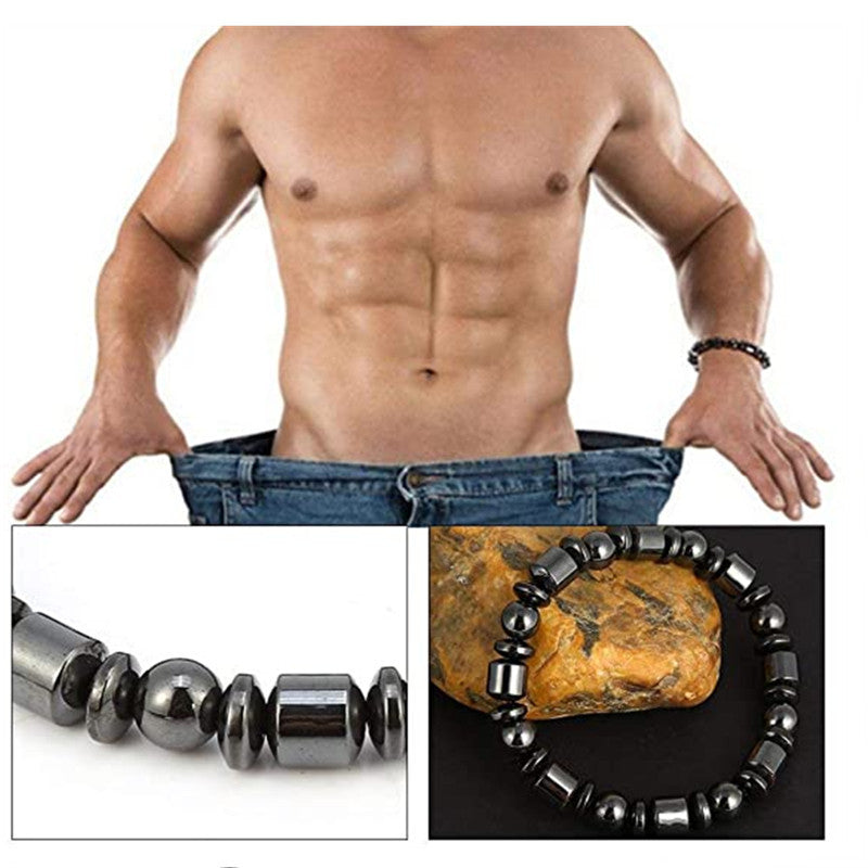 Man showing off a significantly larger waist size with a close-up of magnetic weight loss beads.