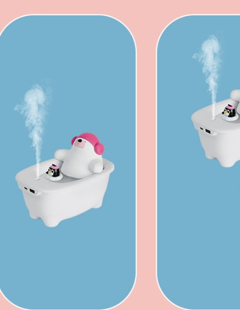 Toy seal with pink hair in a bathtub on a pink and blue background