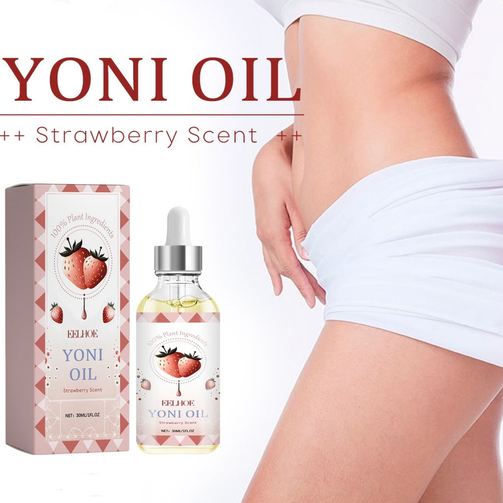 Yoni oil with strawberry scent packaging and bottle displayed with a person wearing white underwear.