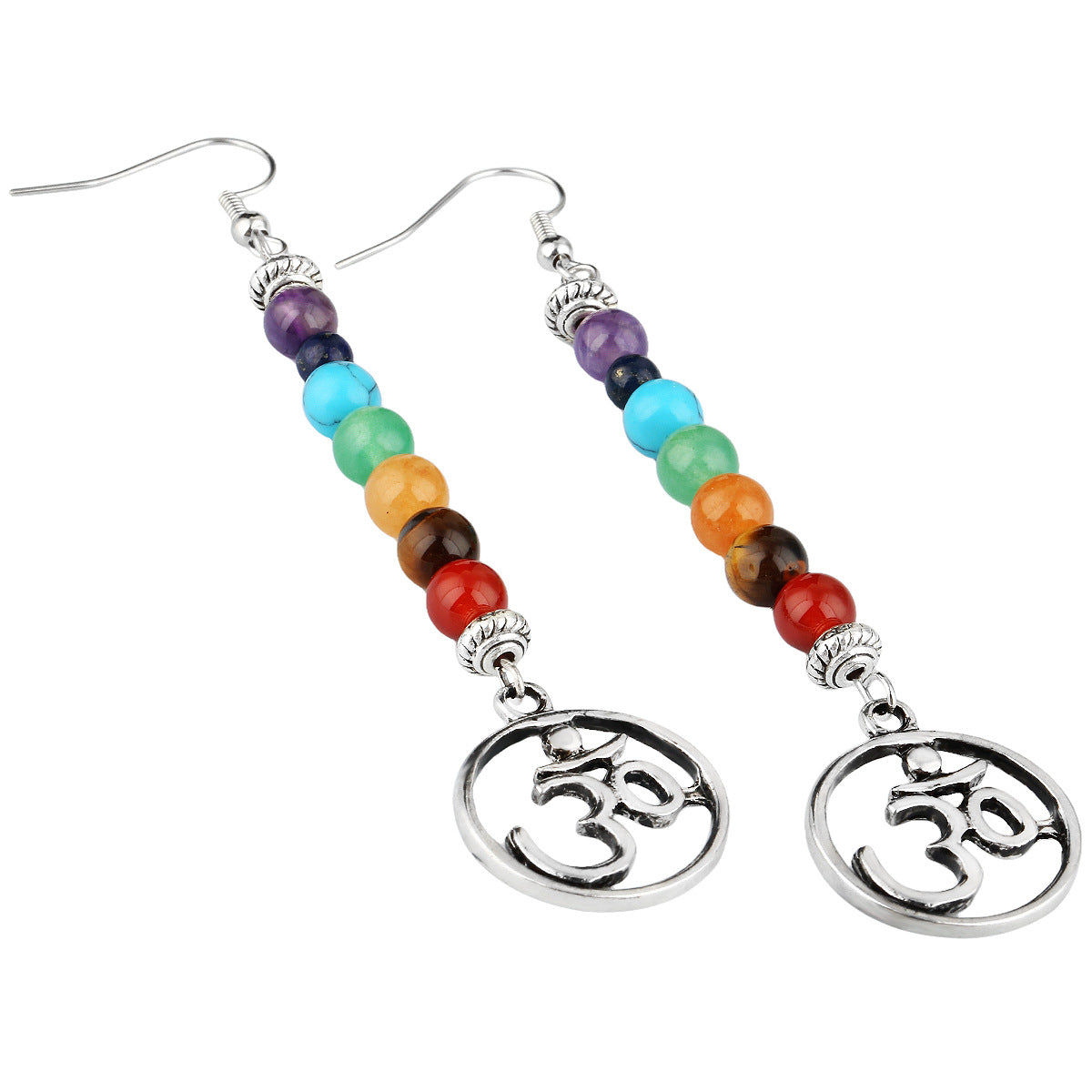 Colorful beaded earrings with Om symbol on a white background