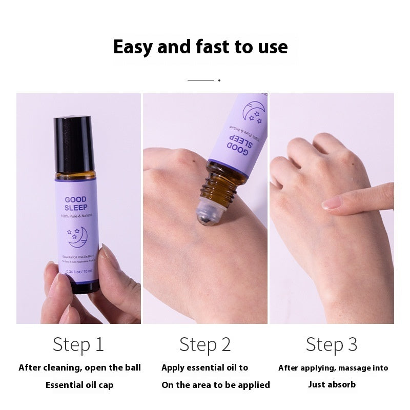 Step-by-step guide on using a Good Sleep essential oil rollerball.