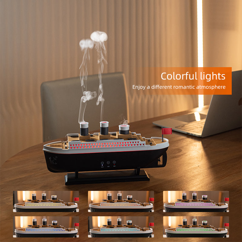 Model ship with colorful lights on a wooden surface, featuring text about romantic atmosphere.