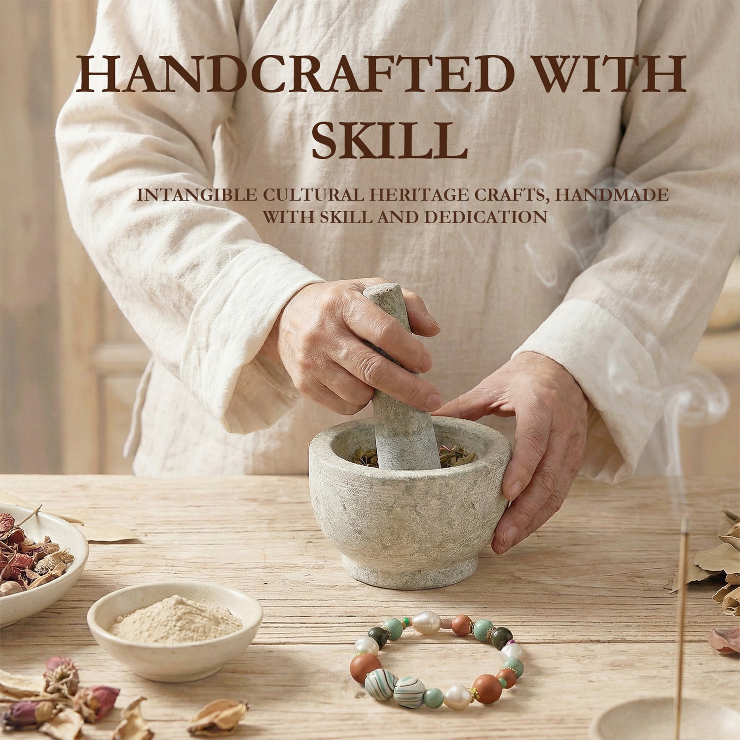Person using a mortar and pestle with text 'Handcrafted with Skill' on a wooden surface.