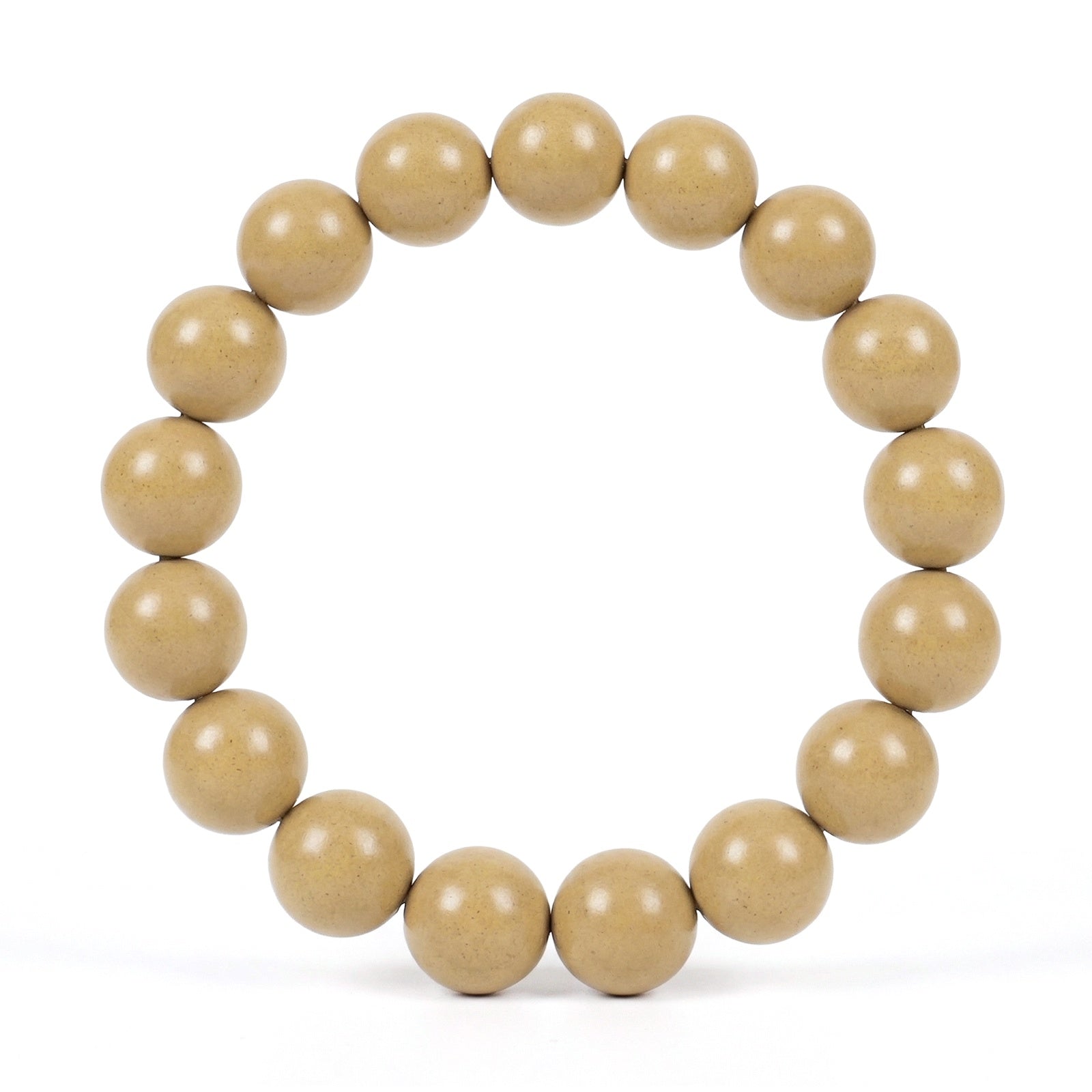 Beige wooden beaded bracelet on a white background
