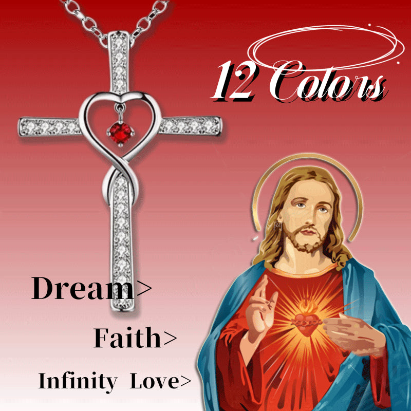 Cross pendant with heart and red gemstone, illustrated figure of a religious figure, and text '12 Colors' on a red background.