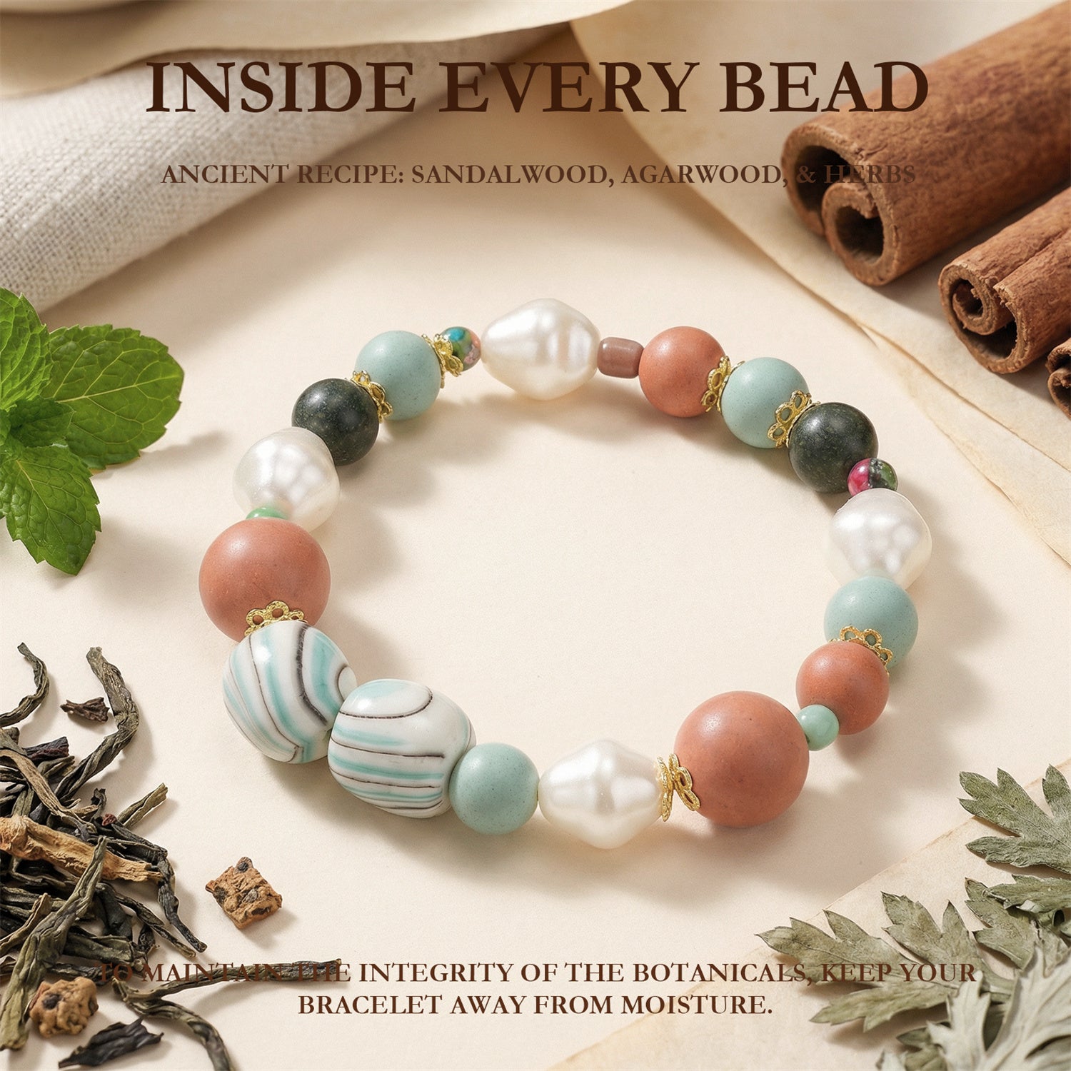 Colorful beaded bracelet with sandalwood, agarwood, and herbs on a beige background.