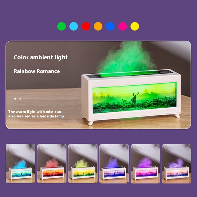 Colorful light display with mist effect on a wooden surface, featuring various color options.