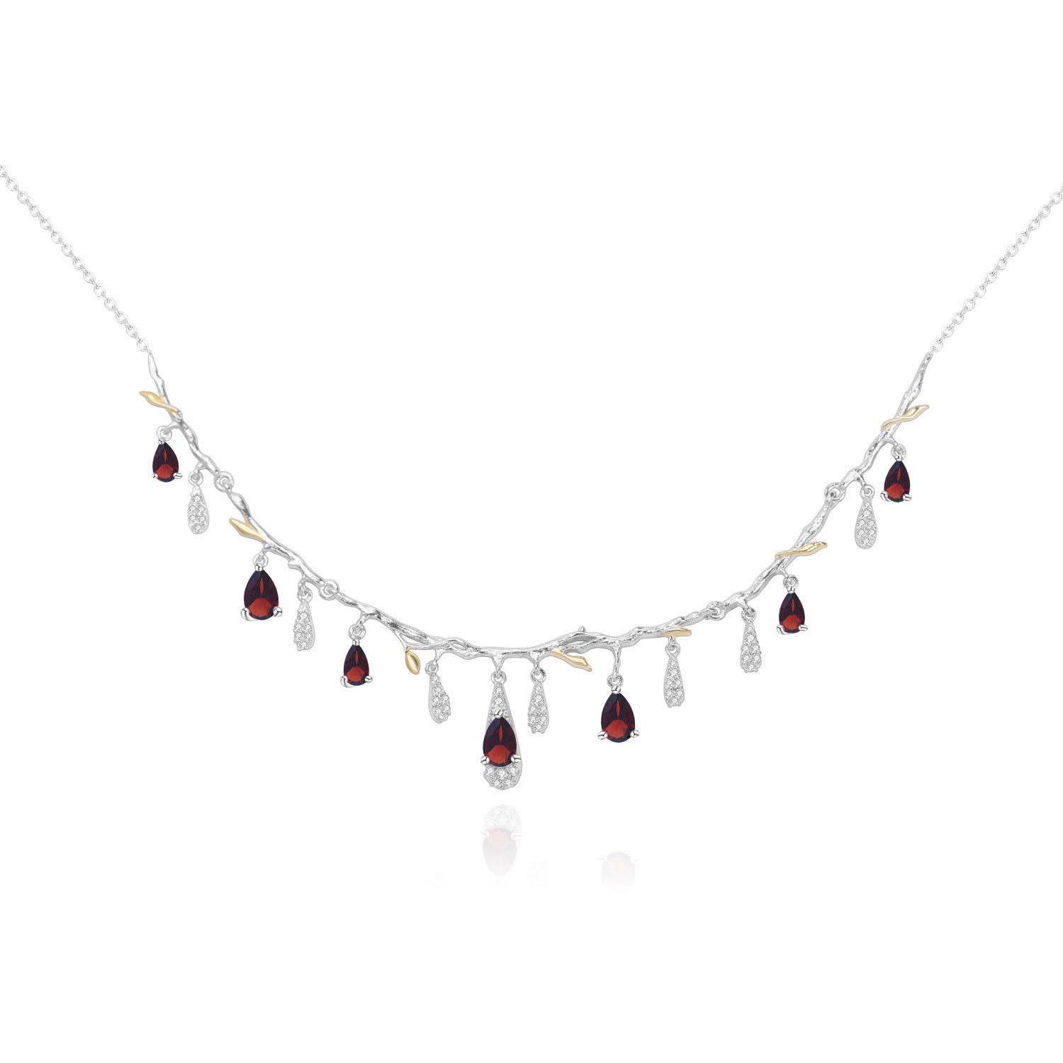 Necklace with red gemstones and clear stones on a white background