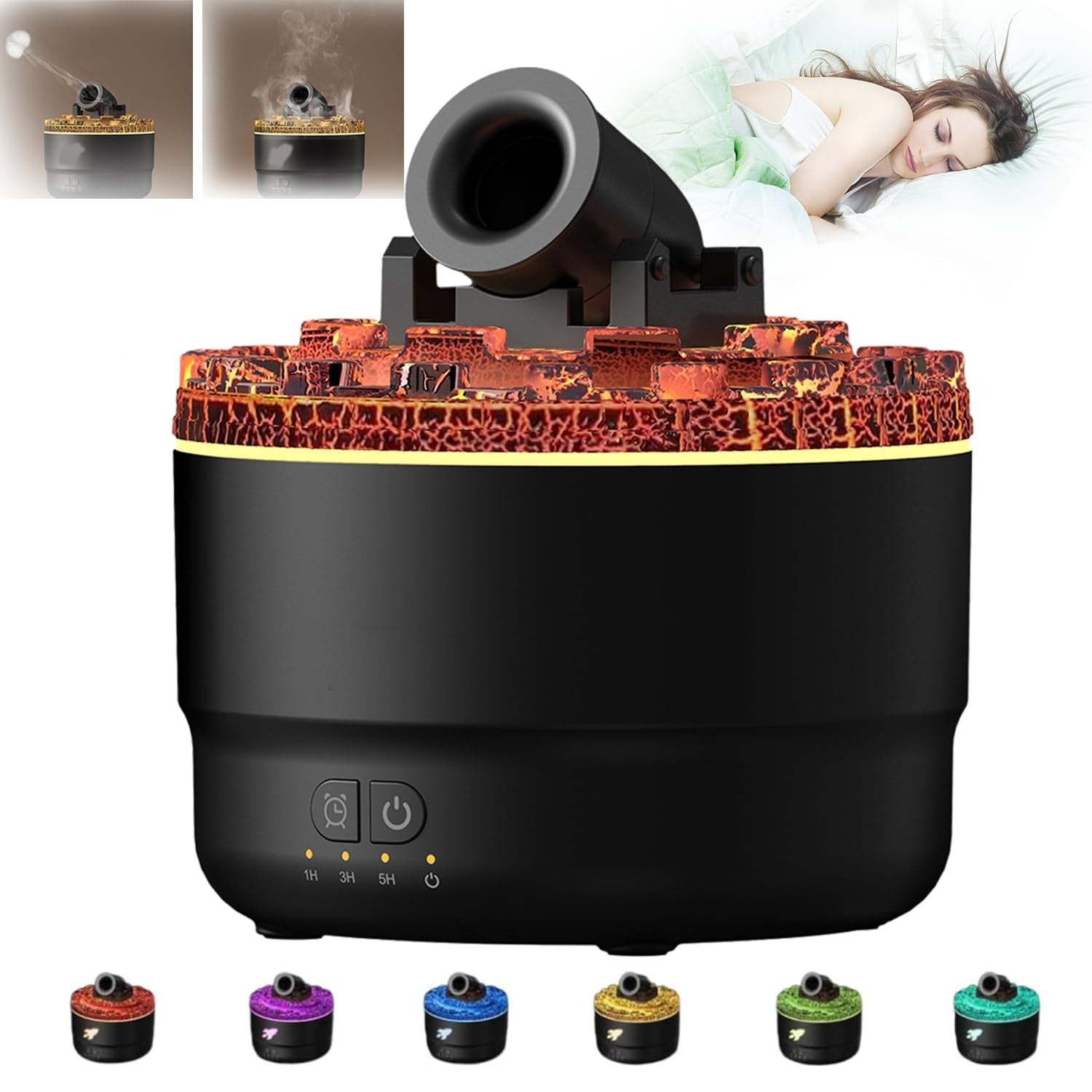 Black humidifier with decorative top and multiple color options displayed below.