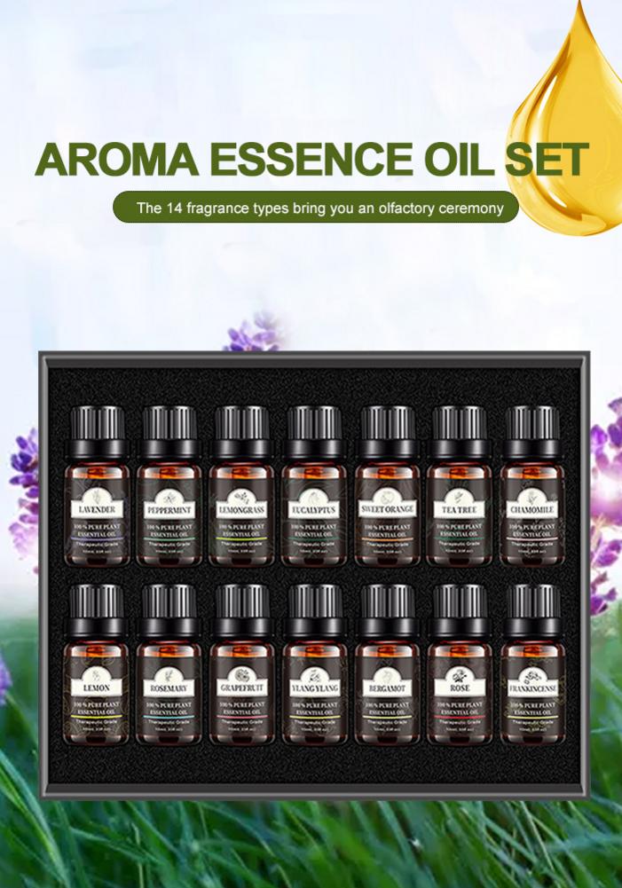 Aroma essence oil set with 14 bottles in a black display box, surrounded by lavender flowers and a yellow droplet on a light blue background.