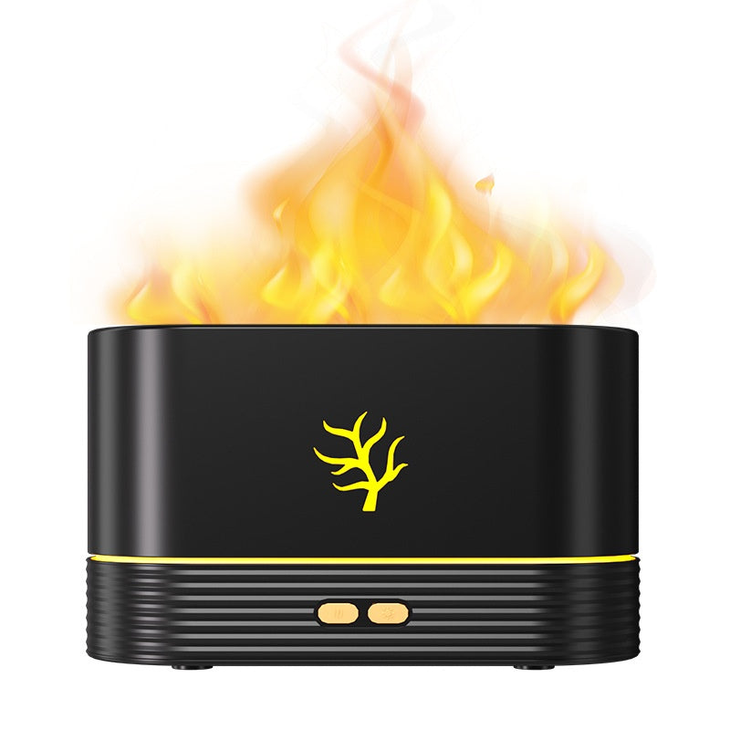 Black electronic device with flame effect on a white background