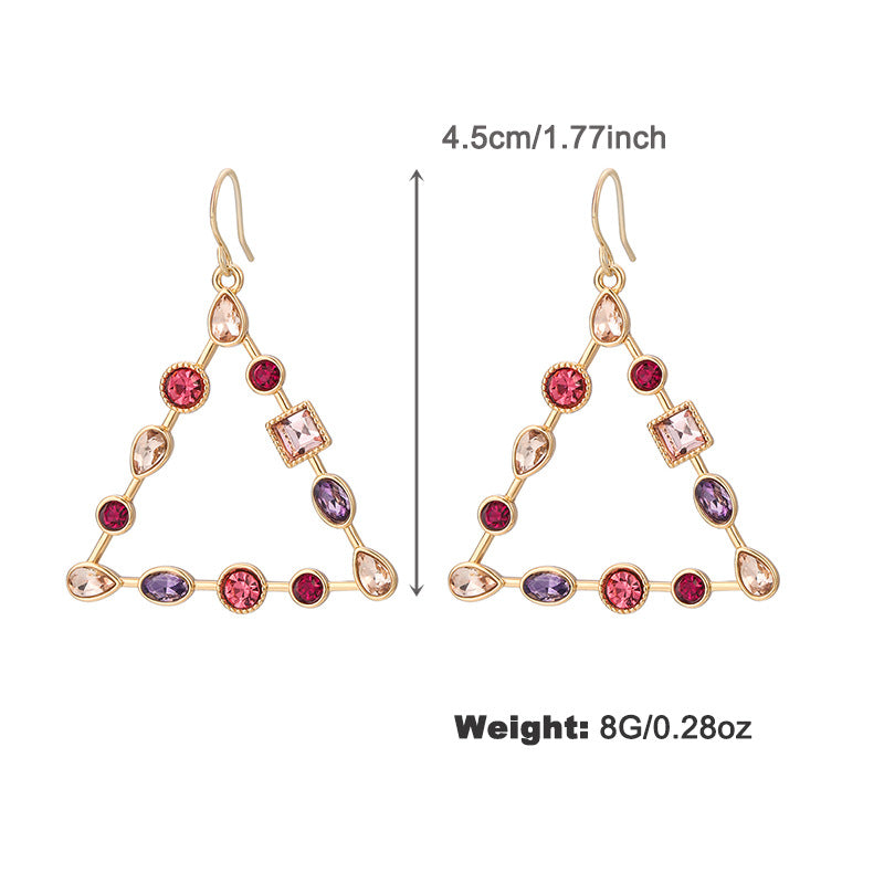 Triangle-shaped earrings with gemstones and measurements on a white background
