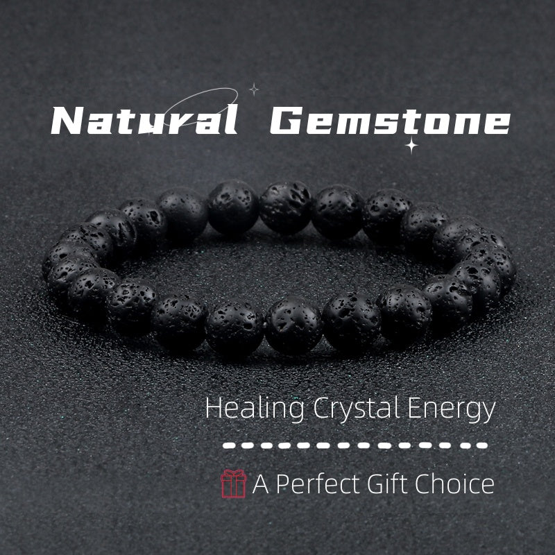 Black beaded bracelet on a dark background with 'Natural Gemstone' text.