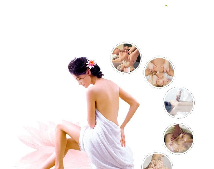 Woman receiving massage with inset images of massage techniques on a white background