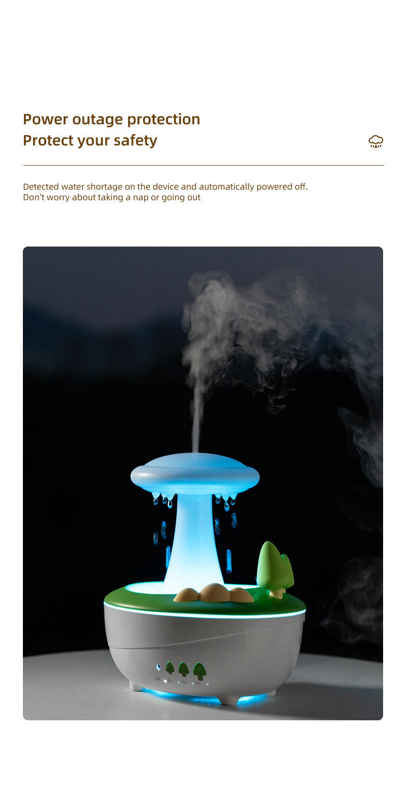Small device with a blue light and smoke effect on a dark background, promoting power outage protection.