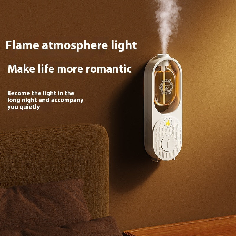 Flame atmosphere light device on a wall with text about making life more romantic.
