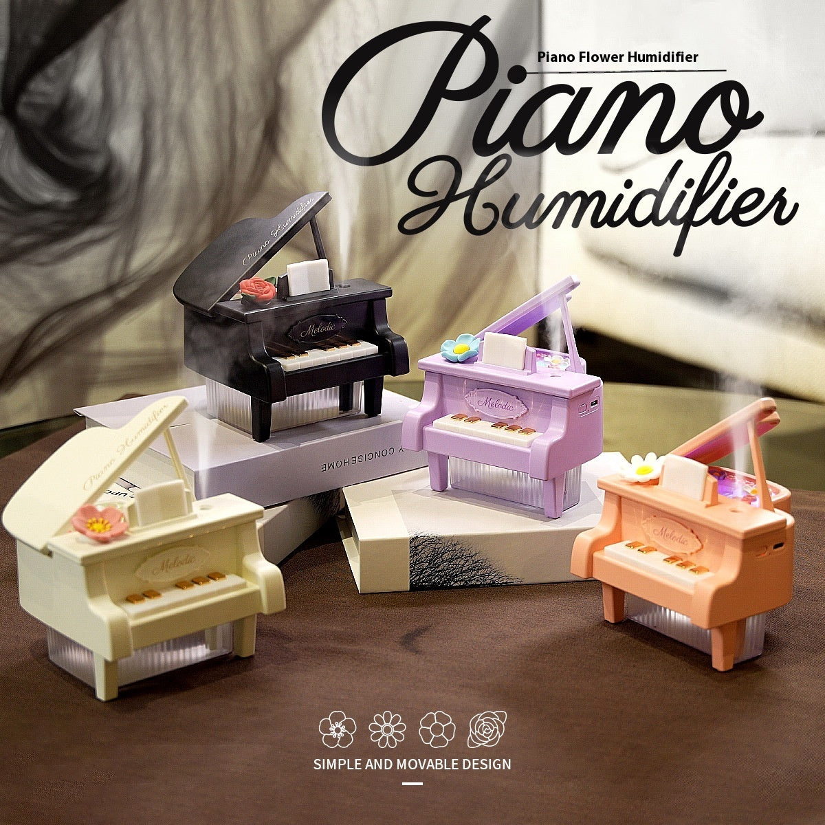 Piano-shaped humidifiers in various colors on a neutral background