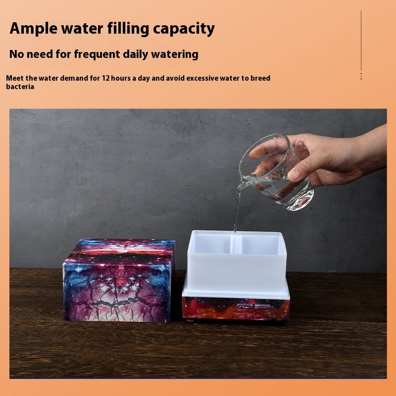 Hand pouring water into a small container with text about water capacity and frequency of watering.