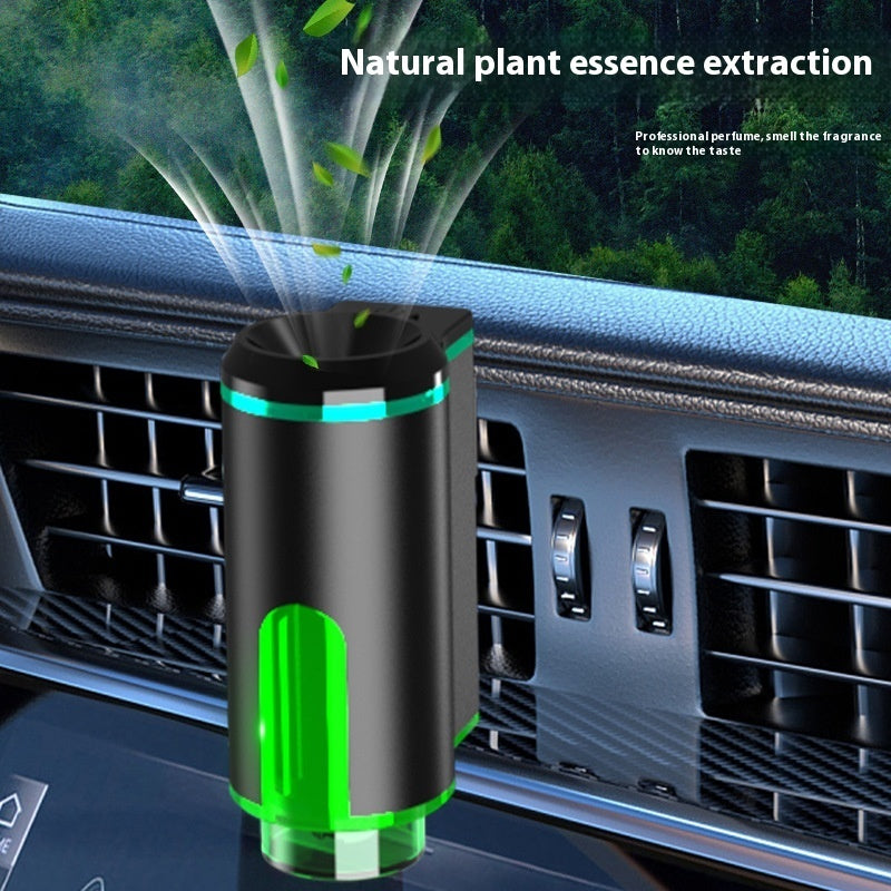 Car air freshener with green accents on a car dashboard, emitting natural plant essence.