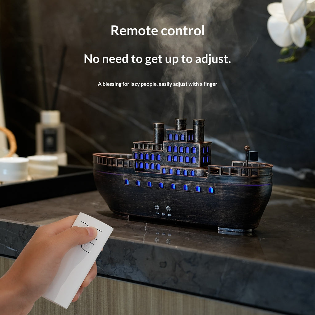 Wooden ship humidifier with remote control on a table