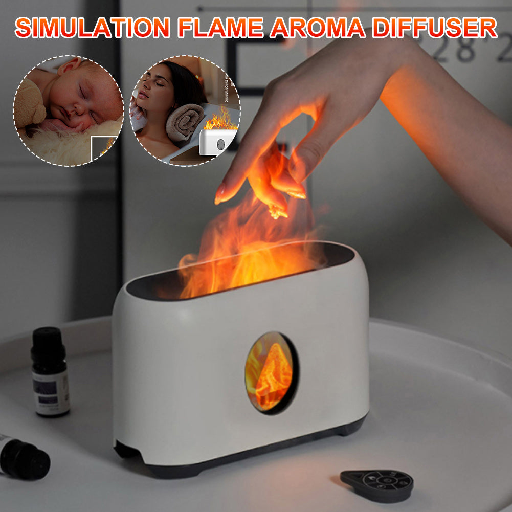 Simulation flame aroma diffuser with a hand interacting with it, surrounded by essential oil bottles.
